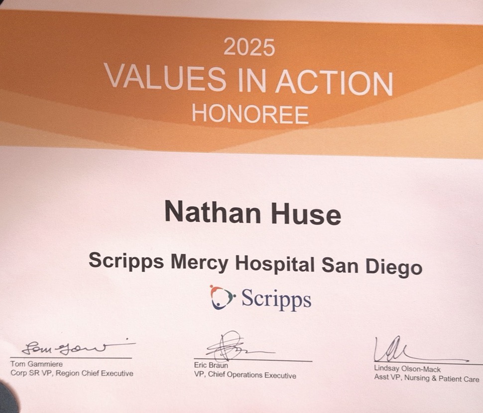 2025 Values in Action Honoree certificate — Nathan Huse, Scripps Mercy Hospital San Diego